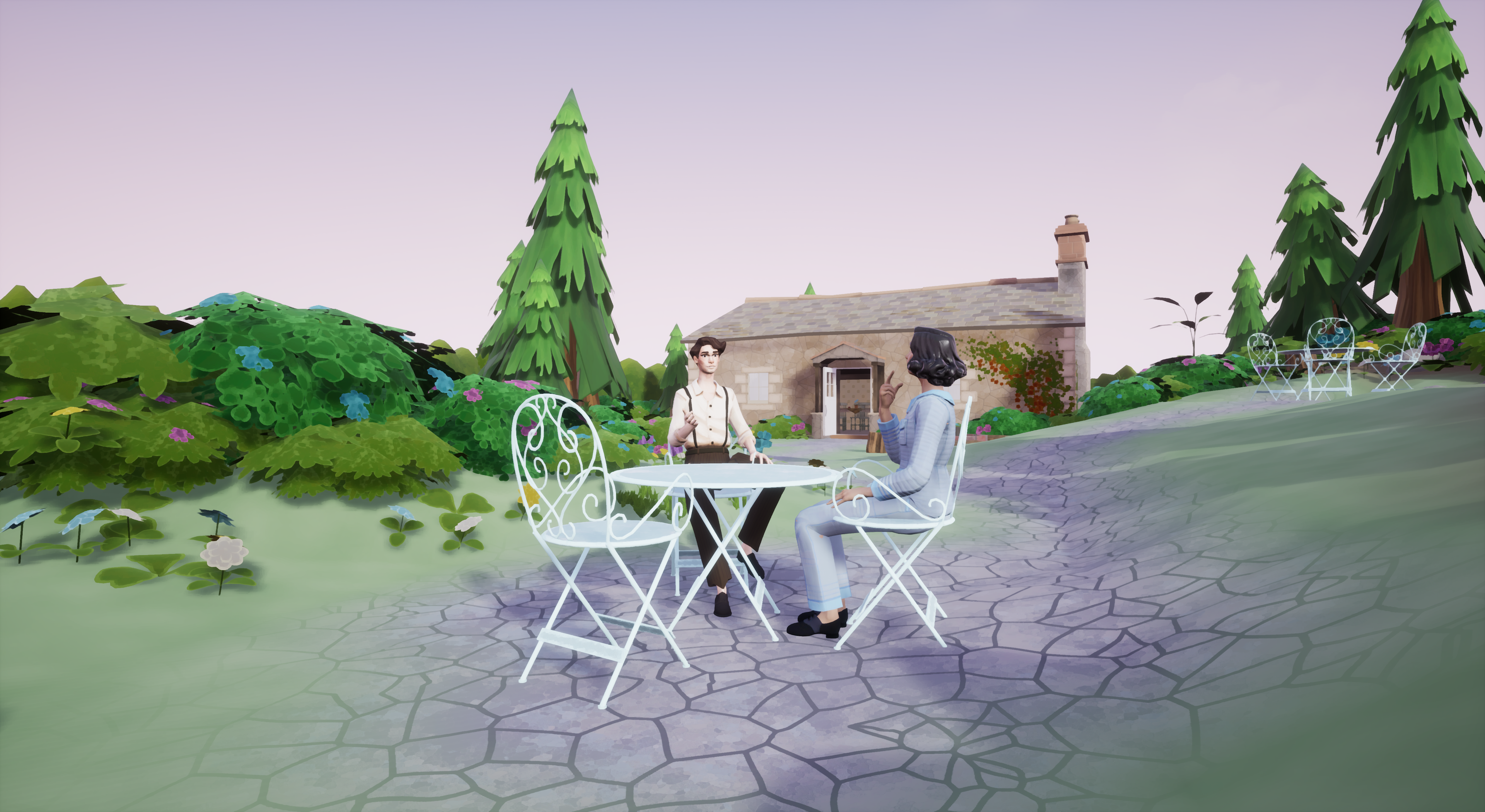 Two characters sitting outside a Cornwall cottage in conversation.